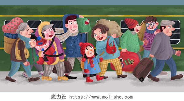 春节插画新年插画手绘春节春运人群背景海报素材
